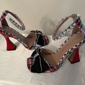 Betsy Johnson Guliana Plaid Heels with Rhinestones, worn once, no box
